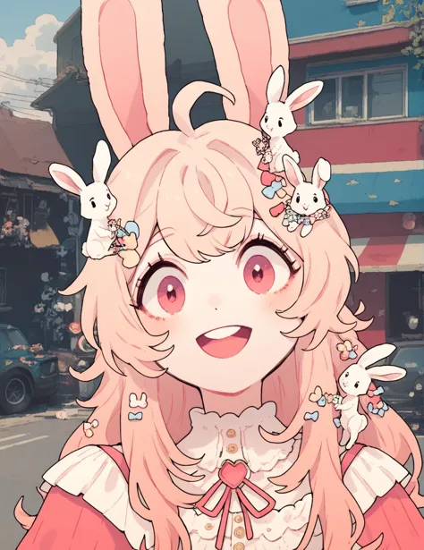 anime girl with bunny ears and pink dress in front of a building