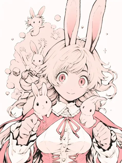 a drawing of a girl with bunny ears holding a bunch of stuffed animals