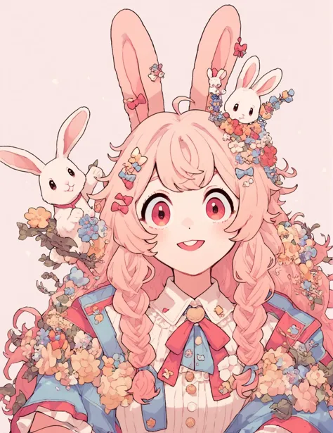 a cartoon girl with long hair and bunny ears sitting on a bed of flowers