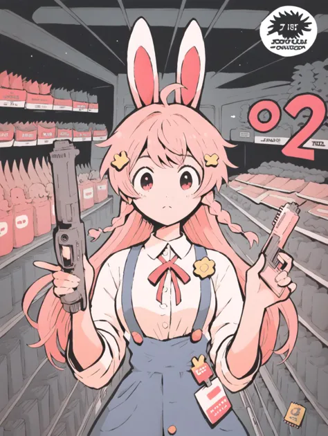 anime girl with bunny ears holding a gun in a store