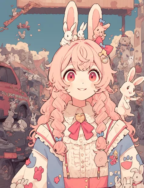 anime girl with bunny ears and pink hair standing in front of a crowd of rabbits