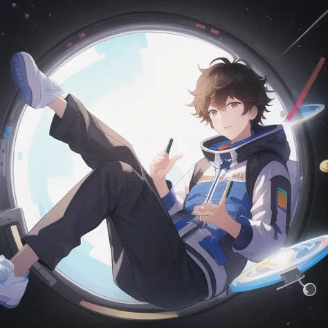 anime boy in space with a rocket and planets in the background