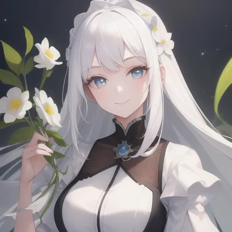 masterpiece, best quality, 1girl, white hair, smiling, looking at viewer, adult, fully mature, holding flower