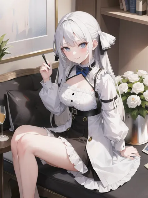 anime girl with white hair and blue eyes sitting on a couch