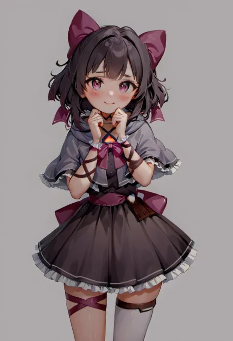 ral-exposure, masterpiece, best quality, rating: general, newest,  Fallenshadow, yandere, chocolate, heart-shaped pupils, single wrist cuff, symbol-shaped pupils, solo, hands on own face, dress, food-themed clothes, criss-cross halter, waist bow, hood up, heart, shaded face, arm ribbon, grey cape, cloak, capelet, hands on own cheeks, smile, grey capelet, black dress, frills, halterneck, leg ribbon, cape, short dress, frilled dress, looking at viewer, , simple background, pink background, outline, white background, brown background
