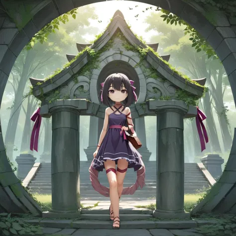 anime girl in purple dress walking through a gate in a forest