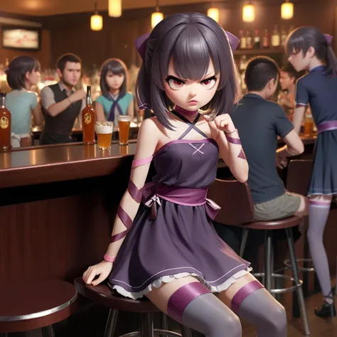 anime girl sitting on stool in a bar with a beer