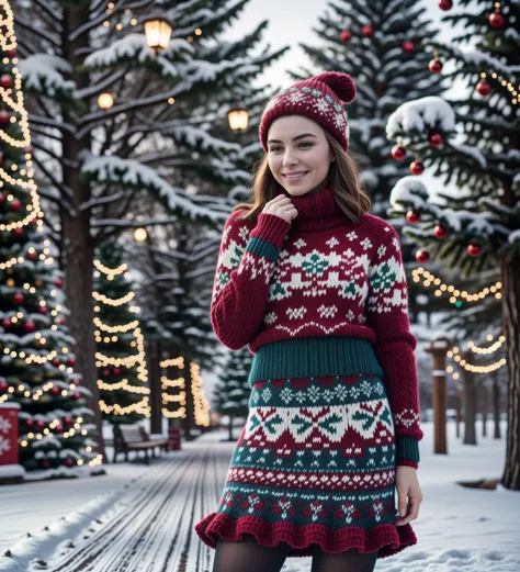 a young European woman wearing a christmassweater and skirt at a Christmas themed park on a winter day. , solo,