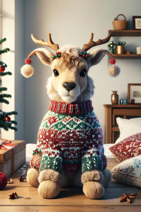 (masterpiece, best quality:1.2), christmassweater, christmas, stuffed animal, reindeer, no humans 