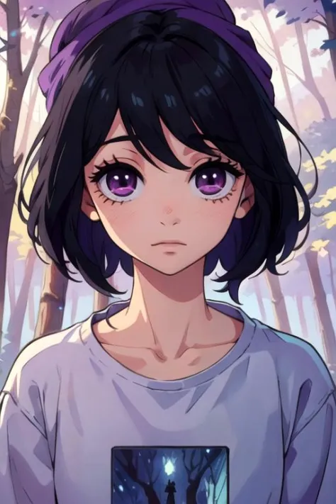 masterpiece, best quality, wallpaper, 1girl, solo, looking at viewer, upper body, , <lora:miyako_godai:0.70>, miyako_godai, black hair, purple eyes, sweatshirt, turban, The Forest of Mirrors: A place where reality is distorted and nothing is as it seems,