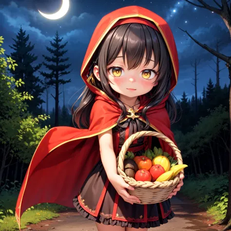 anime girl in red riding hood holding basket of fruit in forest