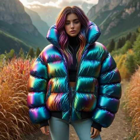 a woman wearing a colorful jacket standing in a field