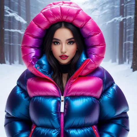 a close up of a woman wearing a purple and blue jacket