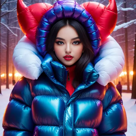 a woman wearing a shiny jacket with a red and blue hood