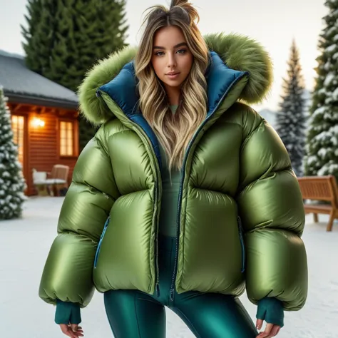 a woman in a green jacket and shiny pants posing in the snow