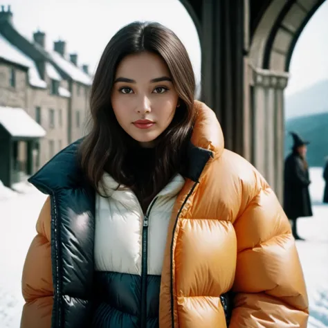 arafed woman in a puffy jacket standing in front of a building