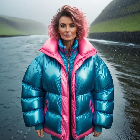 arafed woman in a blue and pink jacket standing in the rain