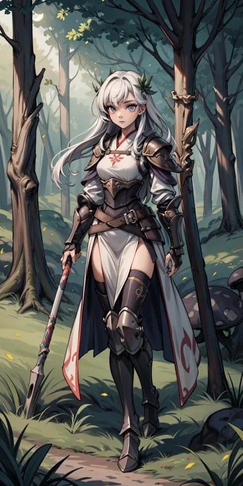 1girl, full body, armor, medieval armor,, meteor shower, grass, leaves, light streak, light particles, solar eclipse, white hair...