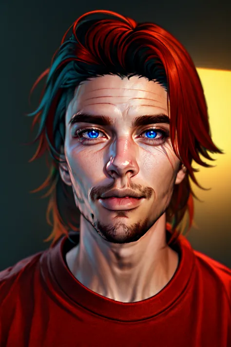 <lora:SecondLife:.6> Second Life, masterpiece, 1boy, male_focus, solo , red hair, blue eyes, facial hair, looking at viewer, stu...