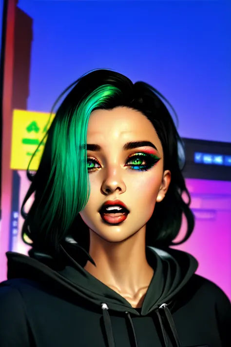 <lora:SecondLife:.7> Second Life, masterpiece, 1girl, solo, african american, dark skin, green eyes, hair over one eye, black ha...