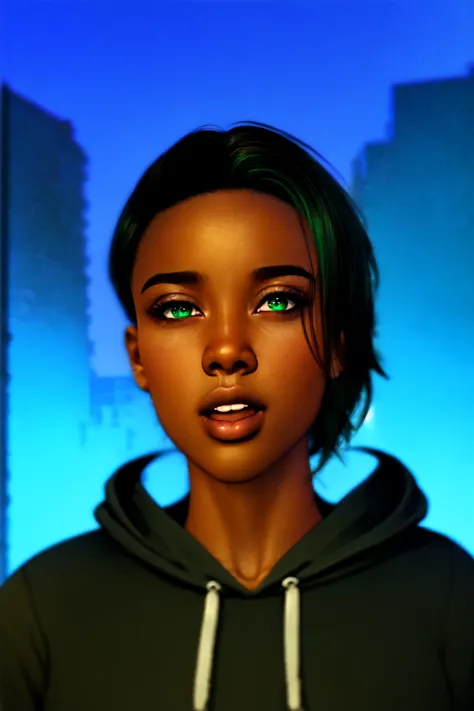 <lora:SecondLife:.7> Second Life, masterpiece, 1girl, solo, african american, dark skinned woman, tan skin, dark skin, green eye...