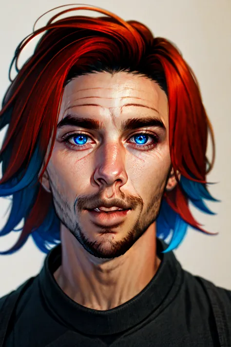 <lora:SecondLife:.6> Second Life, masterpiece, 1boy, male_focus, solo , red hair, blue eyes, facial hair, lips, looking at viewe...