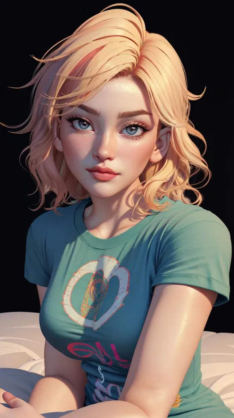 woman wearing a ((oversized t-shirt:1.2)), ((messy hair, bedhead)), long hair, hyper realistic, 4k, medium breasts, masterpiece, beautiful, facing the viewer, headshot, cleavage, pale skin, fair skin, ((nasolabial folds)), skin colored lipstick, DSLR RAW PHOTO, 8K, POV, canon 5d, 85mm, ((bedroom, early morning, sitting on a bed, dim lights, black background)), smirk, sexy pose, AS-Adult,  (RAW photo:1.2), (photorealistic:1.4), (masterpiece:1.4), (best quality:1.4), ultra high res, ((detailed facial features)), HDR, 8k resolution, upper body, \(nikke\), (masterpiece:1.4), (best quality:1.4), (shiny skin),  <lora:SLLORA_V2:1>