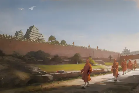 a painting of monks walking in front of a castle with a bird flying overhead in the sky above them
