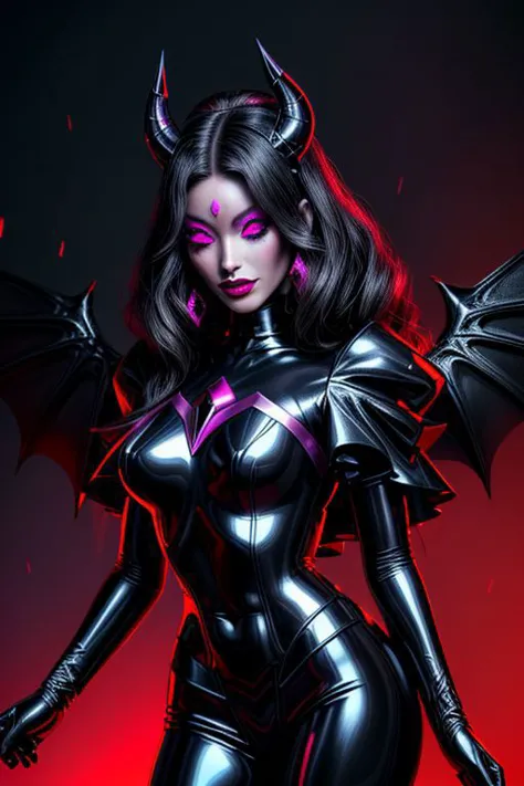 a woman in a black and red costume with horns and a bat