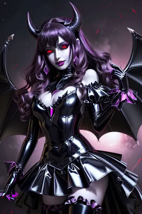 a woman in a black dress and horns with a purple dress