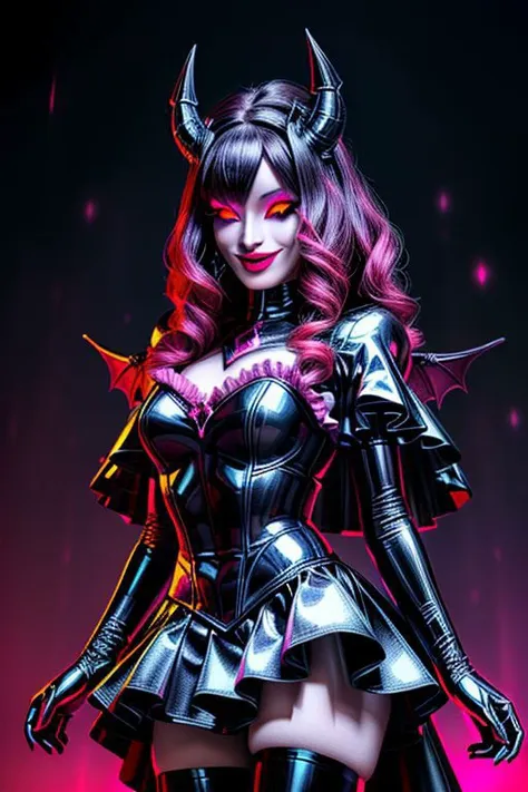 a woman in a black and pink outfit with horns and a pink hair