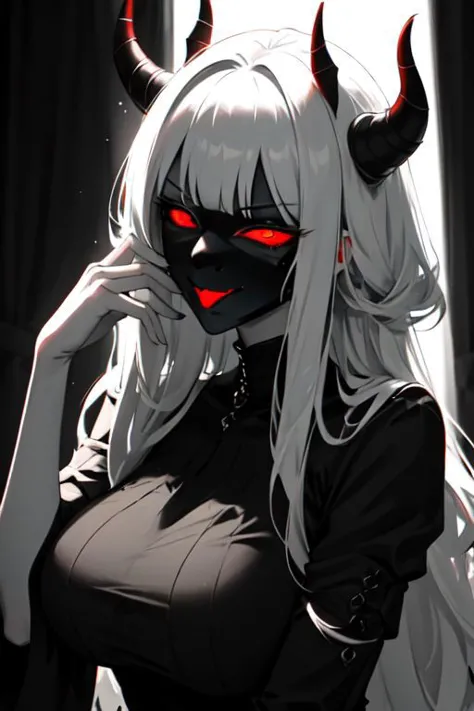 anime girl with horns and red eyes sitting in a chair