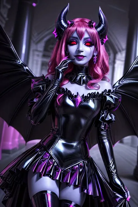 a close up of a woman in a costume with a bat on her shoulder