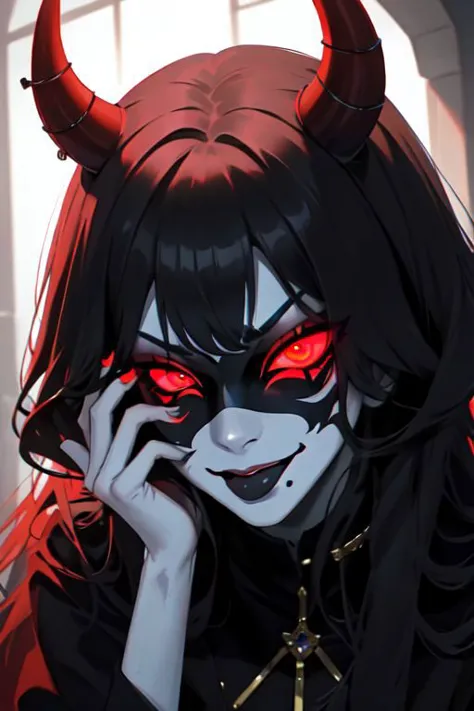 anime girl with horns and red eyes talking on a cell phone