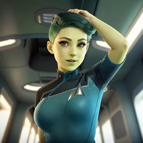 undercut hair, amazing body, pronounced feminine feature, sci-fi corridor, space ship, flirting with camera,  <lora:Tendi:1>, tendi, green skin, wearing a starfleet uniform