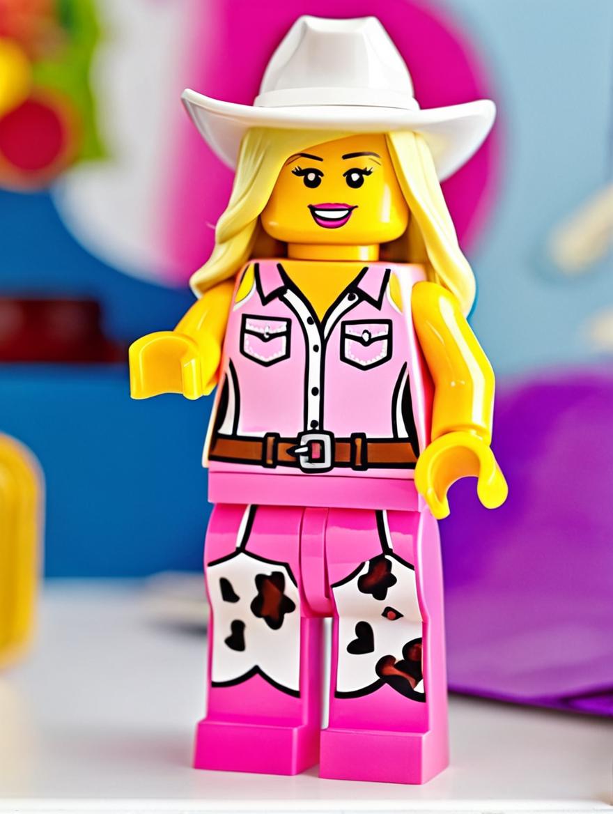 Lego woman with blonde hair wearing a pink outfit and cowboy hat - SeaArt AI