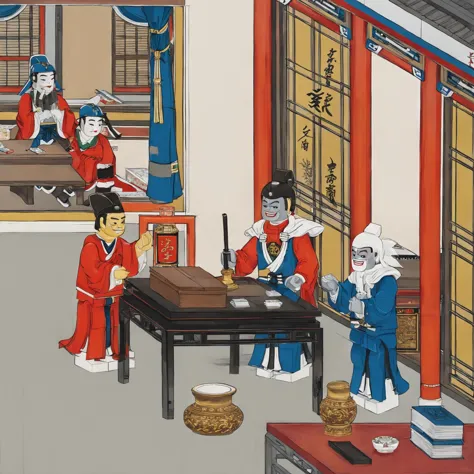LEGO MiniFigo, Um homem de Saint Seiya de azul e chapéu saúda, um juiz fantasma de chapéu e roupas vermelhas saúda, they are sitting at mesa and drinking, dentro de casa, mesa, pelo estilo de pintura meticuloso chinês, Arte Liaozhai
