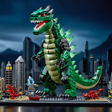 uma foto do LEGO Creator, Godzilla, Kaiju, cinematic, bela iluminação