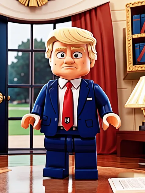 LEGO MiniFig,  Trump in the oval office  <lora:lego_v2.0:0.8>, masterpiece, high detail, 8k, high detailed skin, 8k uhd, high qu...