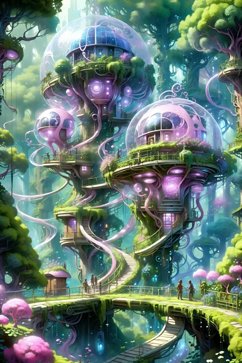 (floating_translucent_arcane_swirls:1.2), mist, blue_magic_glow, dense forest, villeage, futuristic tree houses, solar-punk, people doing chores, , bush, flowers, ivy, vines,  <lora:add-detail-xl:1> misc, <lora:Elemental Wisps:0.7> DonMW15pXL <lora:EnvyBiophilicXL01:0.8> <lora:Retro_Illustration:1> 2d game scene, oil and watercolor painting, (masterpiece:1.2), best quality, (hyperdetailed, highest detailed:1.2), high resolution textures, <lora:EnvyBetterHiresFixXL01:1>