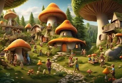 ((((assembly of fantasy people)))) in a village of mushroom-houses, in an old forest, ((((Ultra-HD-photo-same-realistic-quality-details)))), intricate details, panoramic view