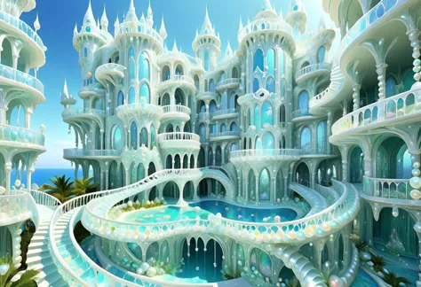 OpalPearl, fantasy castle, ((made of round pearls ))  columns, arcs, wavy columns, balconies, stairs, wide windows, biopunk, lightweight, weightless, see through