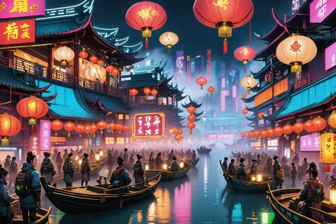 a group of people on boats in a river with lanterns