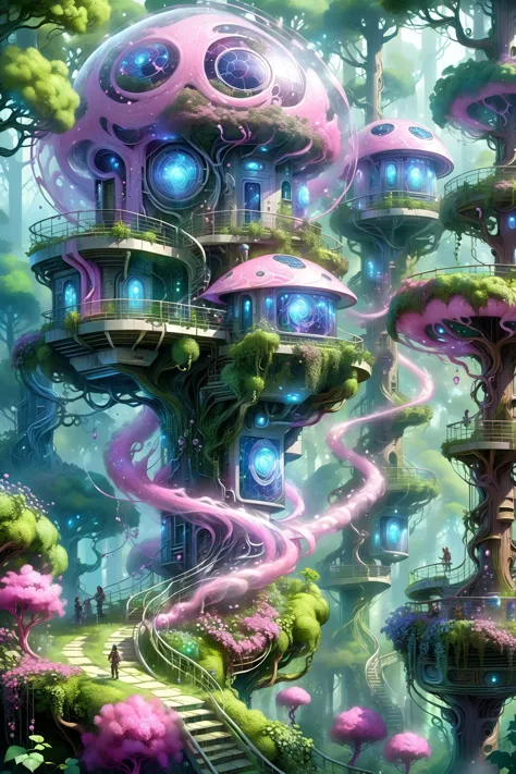 (floating_translucent_arcane_swirls:1.2), mist, blue_magic_glow, dense forest, villeage, futuristic tree houses, solar-punk, people doing chores, , bush, flowers, ivy, vines,  <lora:add-detail-xl:1> misc, <lora:Elemental Wisps:0.7> DonMW15pXL <lora:EnvyBiophilicXL01:0.8> <lora:Retro_Illustration:1> 2d game scene, oil and watercolor painting, (masterpiece:1.2), best quality, (hyperdetailed, highest detailed:1.2), high resolution textures, <lora:EnvyBetterHiresFixXL01:1>