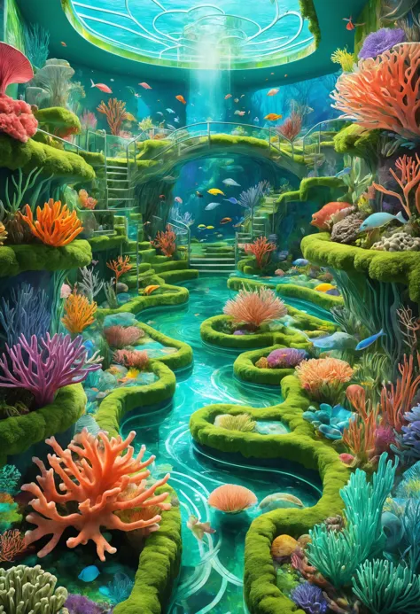 A coral labyrinth with iridescent walls, home to elusive sea creatures that navigate the maze with grace, leaving trails of glowing bio trails in their wake, Augmented reality strategist planning tactical maneuvers in the foreground, <lora:gorgoeus_splash_of_vibrant_paint:0.7> Gorgeous splash of vibrant paint, <lora:gorgoeus_splash_of_vibrant_paint:0.7> Gorgeous splash of vibrant paint, <lora:EnvyBiophilicXL01:0.7>, <lora:RMSDXL_Creative:0.4>