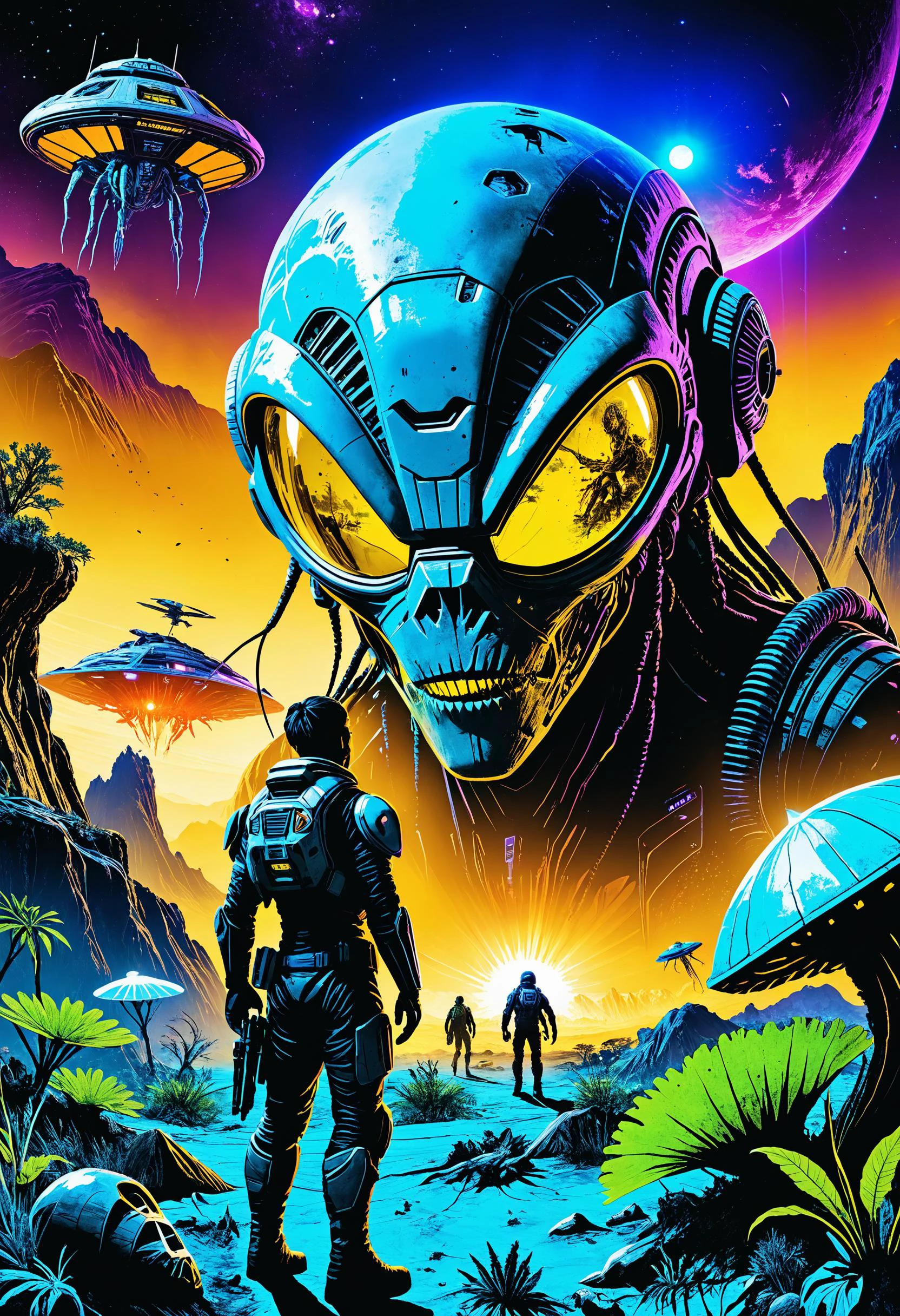 A colony ship crash-lands on a hostile alien world, stranding its passengers in a desperate fight for survival against the planet's indigenous inhabitants, Cybersurgeon with neural enhancement expertise in the foreground, blacklight makeup, 