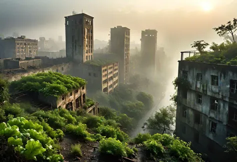 abandonned, low-key ruined buildings, invaded by vegetation, (postapocalyptic:1.5), (foggy atmosphere:0.5), dramatic chiaroscuro, dusk, photography, photorealistic, HD, extremely detailed, (panoramic view:1.5), (from above:1.3)