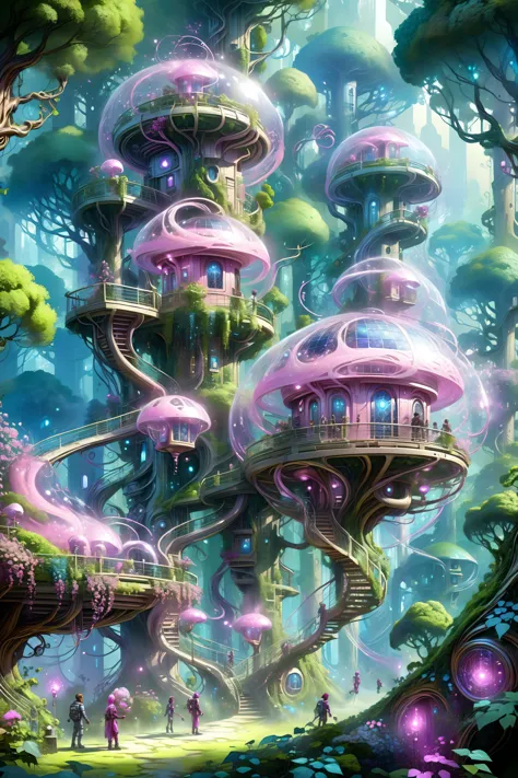 (floating_translucent_arcane_swirls:1.2), mist, blue_magic_glow, dense forest, villeage, futuristic tree houses, solar-punk, people doing chores, , bush, flowers, ivy, vines,  <lora:add-detail-xl:1> misc, <lora:Elemental Wisps:0.7> DonMW15pXL <lora:EnvyBiophilicXL01:0.8> <lora:Retro_Illustration:1> 2d game scene, oil and watercolor painting, (masterpiece:1.2), best quality, (hyperdetailed, highest detailed:1.2), high resolution textures, <lora:EnvyBetterHiresFixXL01:1>