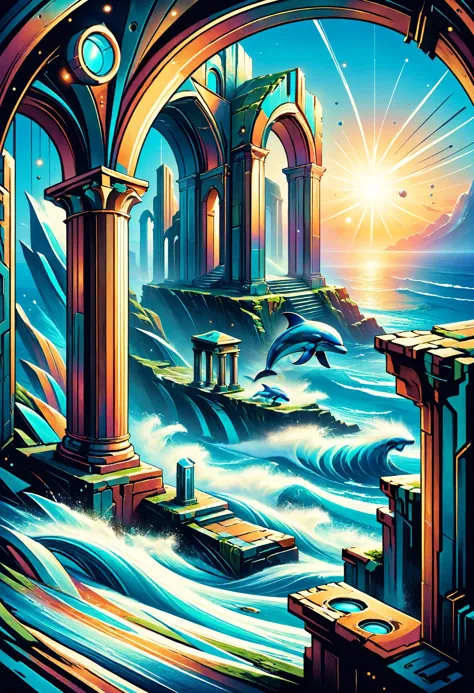 A cliff-top ruin with weathered columns and arches, overlooking a vast expanse of sea where dolphins play, Galactic trader speci...