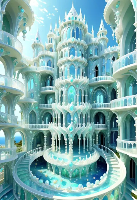 OpalPearl, fantasy castle, ((made of round pearls ))  columns, arcs, wavy columns, balconies, stairs, wide windows, biopunk, lightweight, weightless, see through